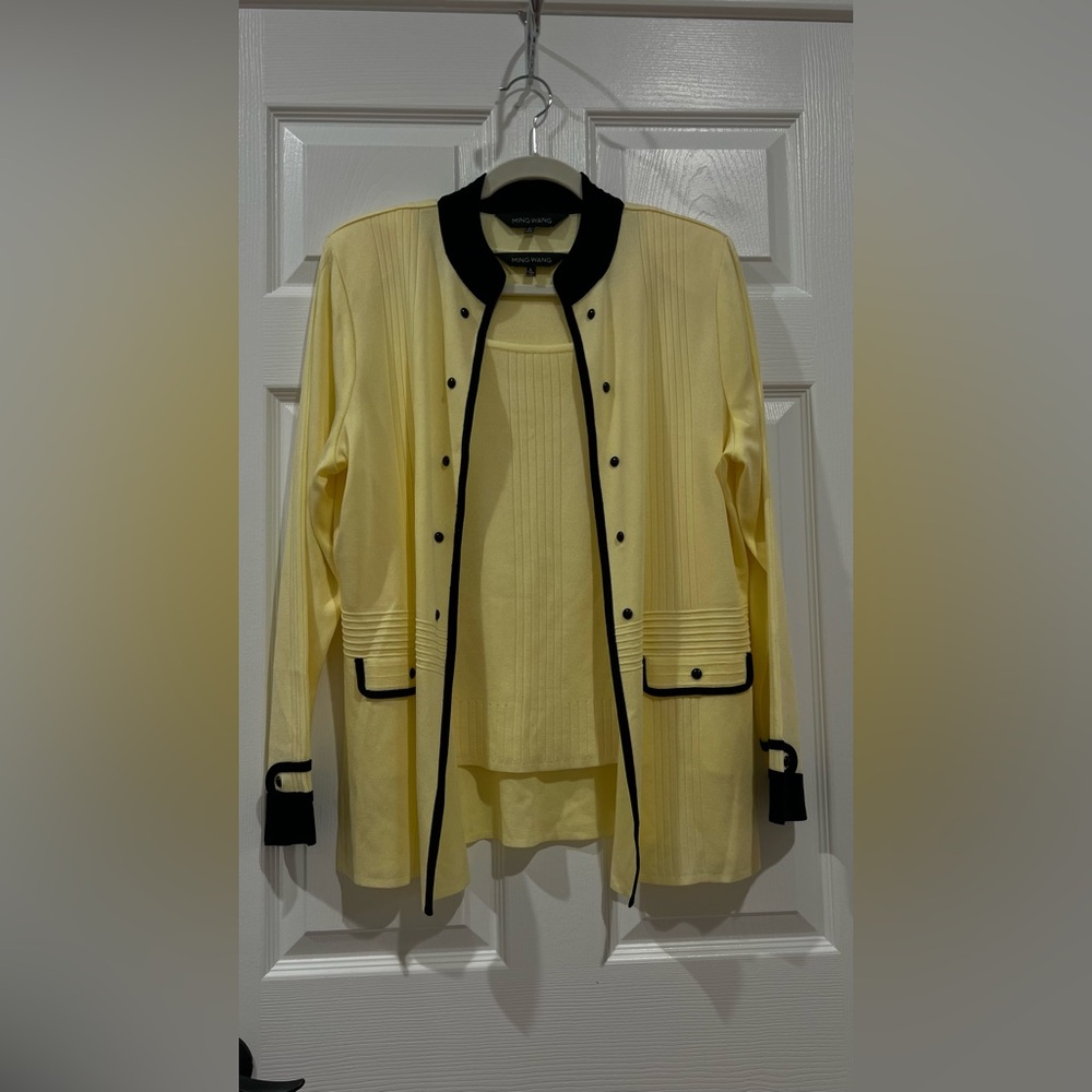 Ming Wang 2-Piece Knit Set Yellow & Black Trim Cardigan and Shell Top Size L